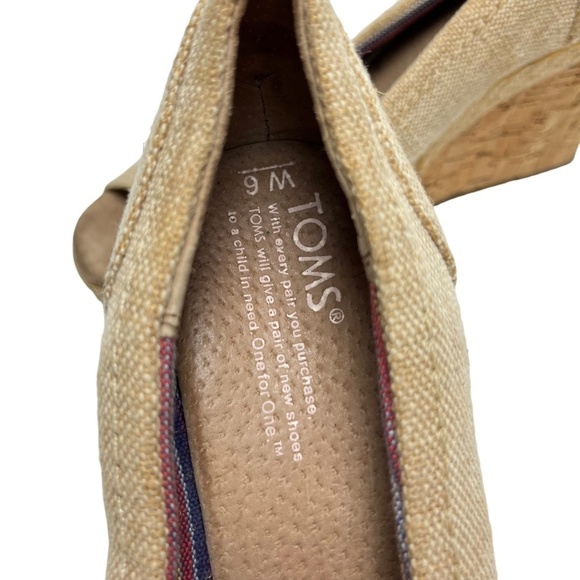 TOMS Wedges Peep Toe Cork Canvas Burlap Espadrilles High Heels Shoes Beige sz 6 - Picture 14 of 16